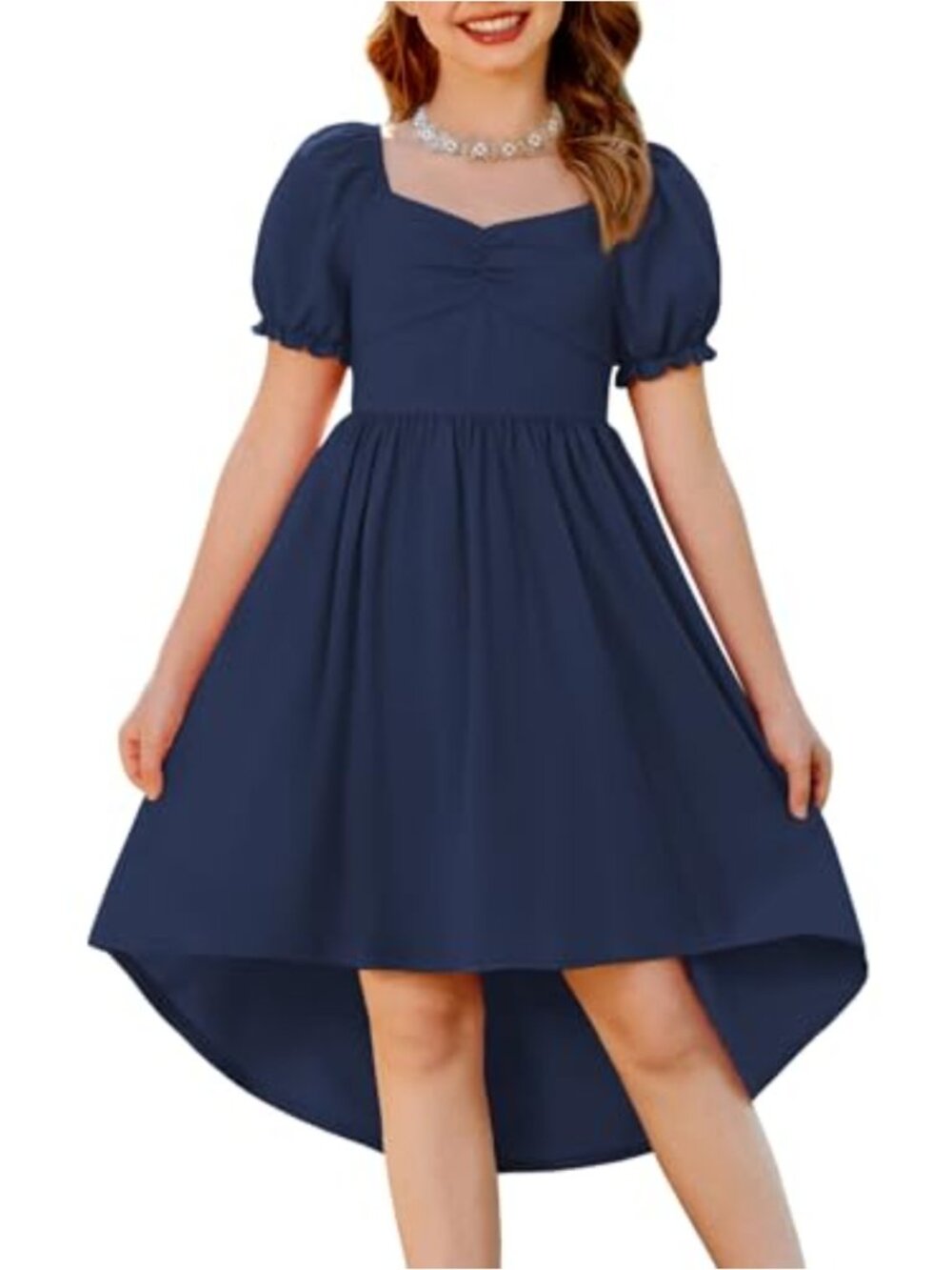 Girls Puff Sleeve High Low Swing Dress with Pockets